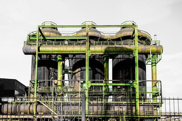 A comparison image showing a traditional oil refinery alongside a modern algae biofuel processing plant. The image highlights the differences in scale, technology, and environmental impact between the two facilities.