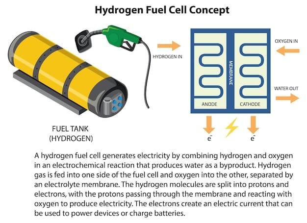 A detailed diagram of a hydrogen fuel cell, showing the flow of hydrogen and oxygen, the proton exchange membrane (PEM), and the electricity generation process. The diagram highlights the clean energy conversion with water as the only byproduct.
