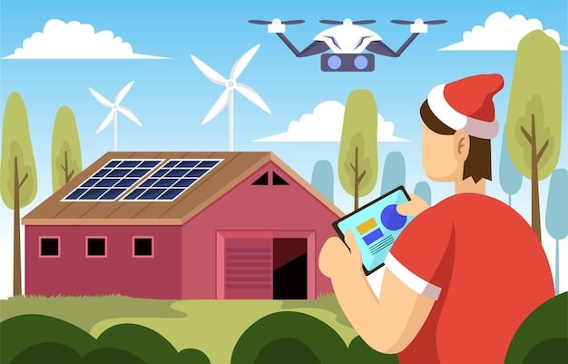 A drone flying over a solar panel array, with a hand holding a tablet displaying thermal imaging data. The image combines the physical reality of the drone with the data-driven insights it provides, emphasizing the connection between technology and information.