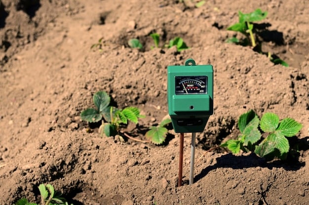 A close-up shot of a soil moisture sensor embedded in the ground, transmitting data wirelessly to a central monitoring system. The background shows healthy crops growing.
