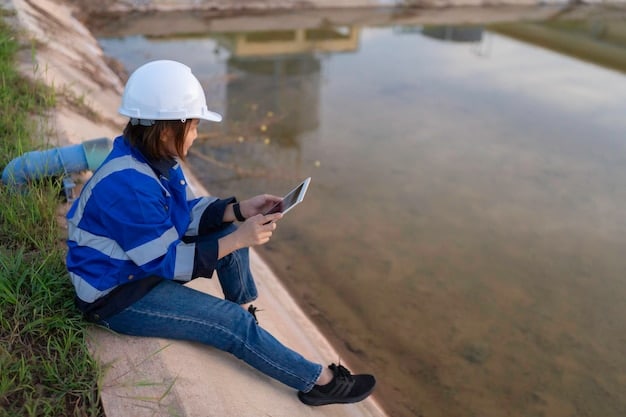 Workers installing smart sensors on a water pipeline, with a tablet displaying real-time data from the sensors. The scene is outdoors, with a focus on the installation process.