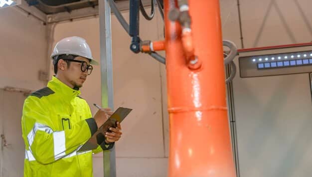 Close-up shot of a technician inspecting a gas pipeline with advanced leak detection equipment. The focus is on the digital display showing methane concentration levels, as well as the technician's attentive expression. The setting is a natural gas processing plant.