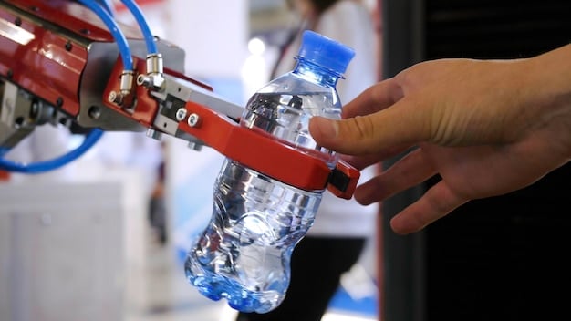 A close-up shot of a robotic arm precisely picking up a plastic bottle from a moving conveyor belt, showcasing the delicate yet efficient handling of materials by a recycling robot.