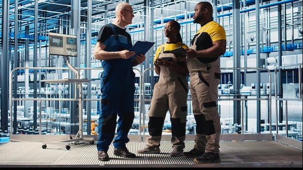 A group of engineers and technicians gathered around a methane digester at a dairy farm. The digester is connected to a generator, illustrating the conversion of methane into electricity. The scene showcases the practical application of methane capture technology in the agricultural sector.