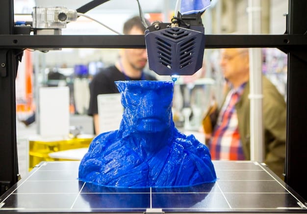 A medium shot inside a factory where a 3D printer is creating custom parts from recycled plastic. The printer is modern and efficient, and the worker overseeing the process is wearing protective gear.