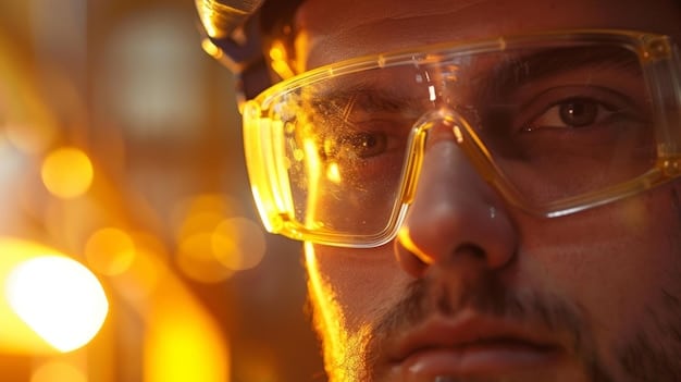 A close-up image of a scientist working with advanced solar cell technology in a high-tech laboratory, illuminated by energy-efficient LED lighting. The scene highlights precision and technological advancements in sustainable energy research, indicative of projects funded by DOE grants.