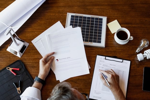 A hand filling out IRS Form 5695, with a calculator and solar panel installation invoice on the desk. The image should illustrate the process of claiming the solar tax credit.