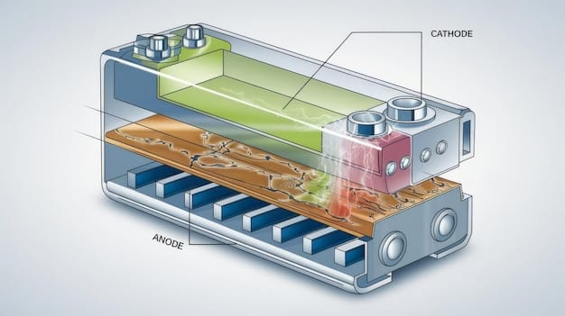 A close-up diagram illustrating the internal structure of a solid-state battery. The diagram highlights the solid electrolyte layer, the anode, and the cathode, with arrows indicating the flow of ions during charging and discharging.