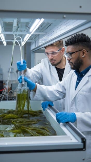 Scientists in a lab coat analyzing algae samples in a high-tech lab, focused on improving biofuel production efficiency.