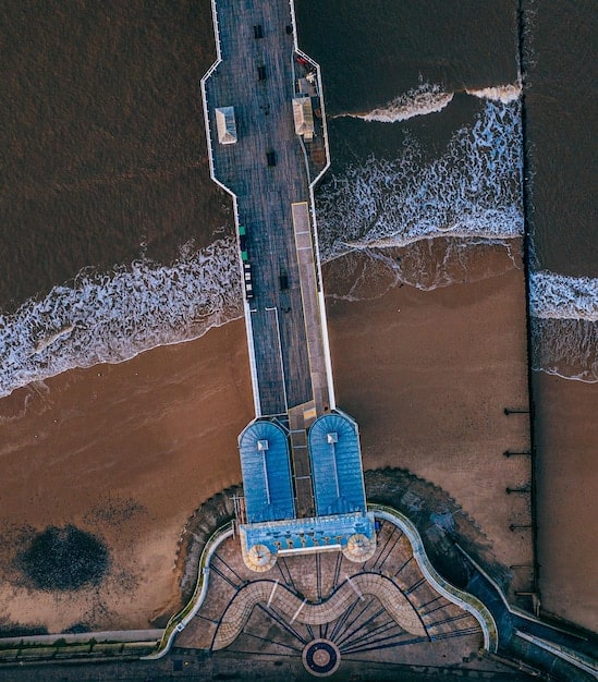 An aerial view of a wave energy converter installation site, focusing on the surrounding marine environment. Incorporate images of marine life such as seals, seabirds, or fish, to emphasize the ecosystem.