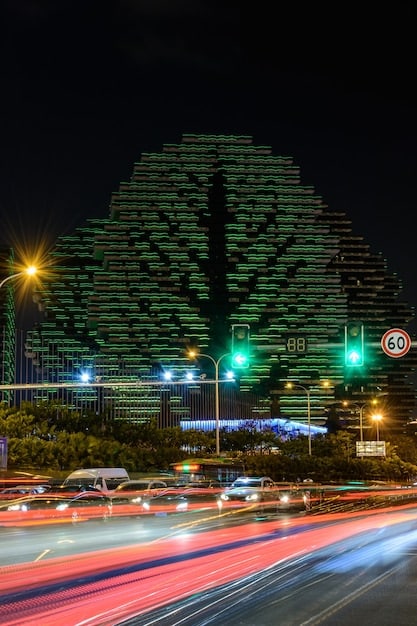 A city street at night featuring upgraded smart LED streetlights that improve visibility and reduce glare, enhancing overall safety for pedestrians and vehicles.