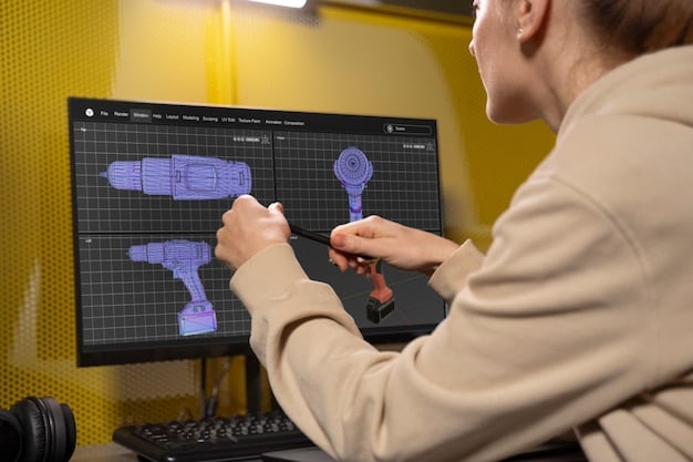 Imagem de um designer industrial trabalhando em um software de modelagem 3D, projetando um produto modular e facilmente reparável, com símbolos de reciclagem e reutilização em destaque.