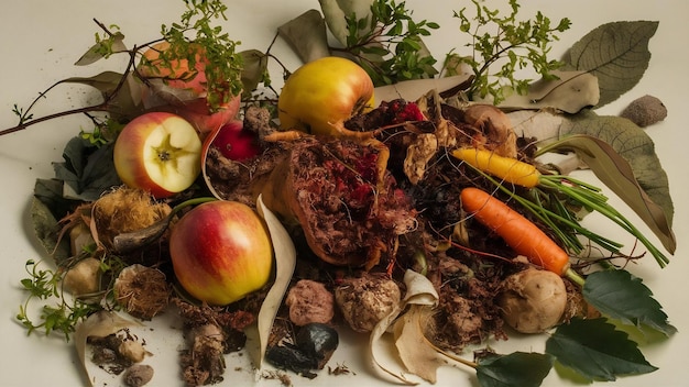 A visually organized image showcasing different types of food waste being composted in a backyard composting bin, surrounded by plants and greenery. This emphasizes the use of composting as an effective method for reducing waste in a home environment.