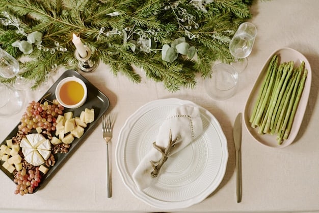 A holiday dinner table set with reusable plates, cutlery, and cloth napkins. The centerpiece is a sustainable arrangement of natural elements like pine cones and greenery.