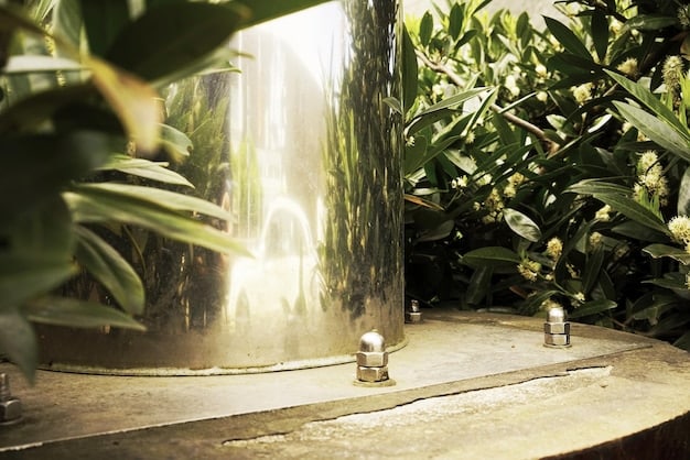 A close-up shot of a rain barrel connected to a downspout, showcasing a practical method of water conservation with lush greenery in the background.