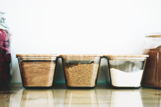 A well-organized kitchen with clearly labeled reusable containers filled with bulk food items such as grains, nuts, and seeds. The scene emphasizes reducing packaging waste and smart storage.