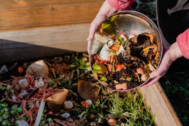 An outdoor compost bin in a lush garden setting, showcasing how food scraps and yard waste are converted into nutrient-rich soil. Plants are thriving around the compost bin.