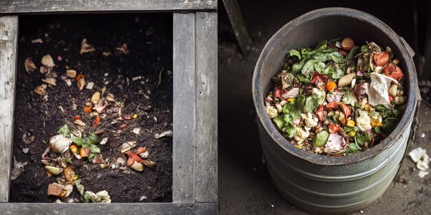 A split visual comparing different composting methods, one side showing a tumbler composter in a backyard, and the other side showing an indoor vermicomposting setup with worms in a bin. Each setup should look well-maintained and actively used.