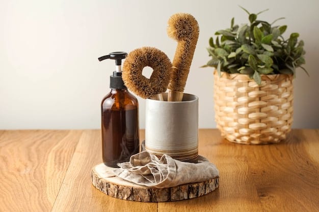 A bathroom setting with a focus on eco-friendly cleaning supplies, such as bottles made from recycled materials and natural sponges and brushes. The image highlights effective, safe and sustainable cleaning practices, emphasizing the use of non-toxic products.