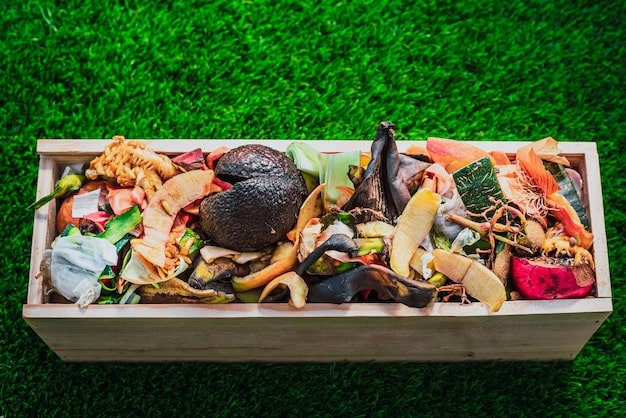 A close-up shot of a compost bin filled with decomposing organic waste, including vegetable scraps, leaves, and coffee grounds. The compost appears rich and dark, ready to be used as fertilizer. The bin is located in a garden setting.