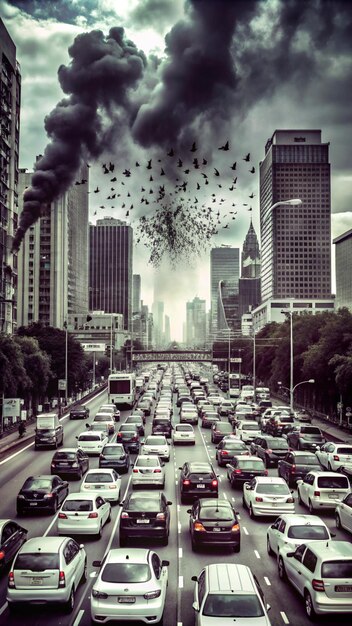A split image showing on one side a congested highway full of cars emitting fumes, and on the other side a clean, green cityscape with cyclists and electric buses. The contrast emphasizes the difference between unsustainable and sustainable transportation.