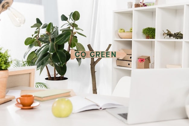 A close-up of a desk in a home office, showing a variety of eco-friendly office supplies such as a bamboo pen holder, recycled paper notebooks, and a small potted succulent. The focus is on showcasing the sustainable materials and design.