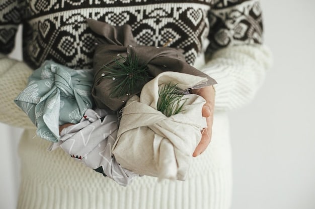 Close-up shot of hands sorting through a pile of clothes, including items made from organic cotton and recycled materials. Visible tags indicate sustainable certifications, and the background is a brightly lit, organized space.