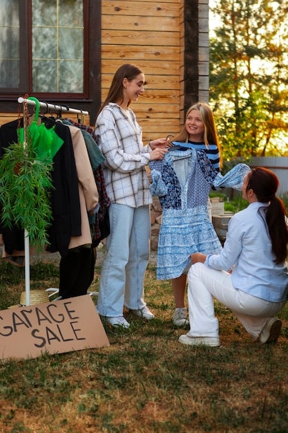 A well-lit boutique showcasing ethically made clothing from sustainable materials. Shoppers are seen browsing the racks. The store's design features natural elements like wooden floors and potted plants.