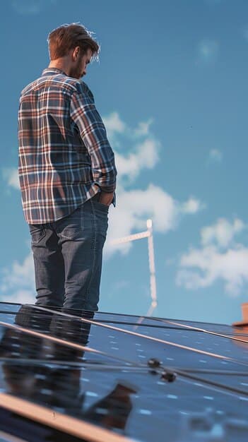 A person installing solar panels on a rooftop. The sky is clear, and the solar panels are angled to capture sunlight efficiently.