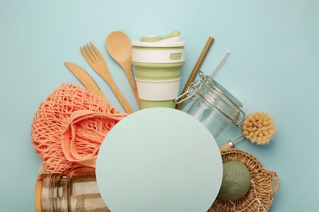 A collection of reusable containers, water bottles, shopping bags, and bamboo utensils neatly arranged on a kitchen countertop.