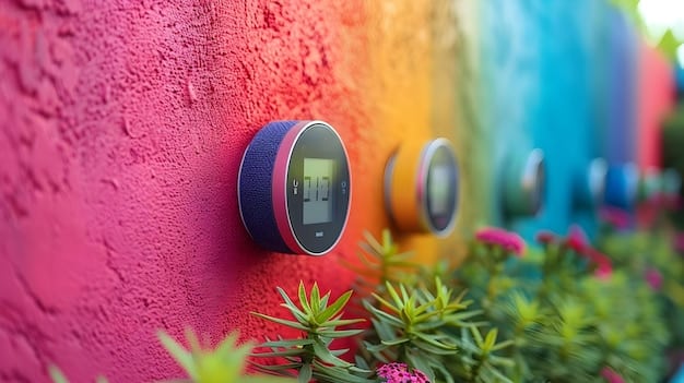 Close-up of a smart thermostat showing energy savings data. The thermostat is mounted on a wall painted with a natural clay paint.