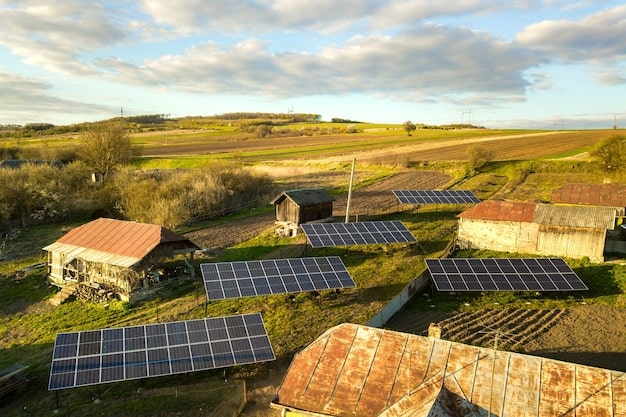 A solar panel farm in a rural area of the United States, showcasing the potential for renewable energy to power communities and reduce reliance on fossil fuels.