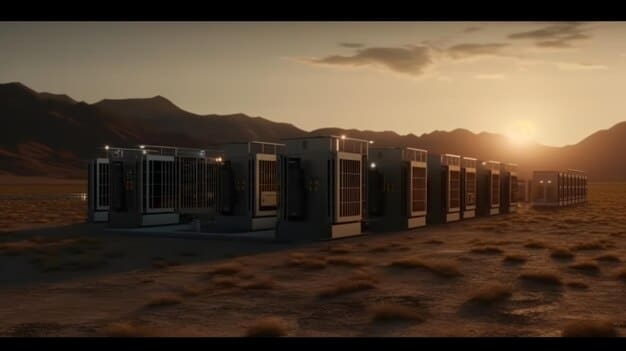 A large-scale battery storage facility in a desert landscape, connected to solar panels. The batteries are housed in a series of containers, with visible connections to the solar array.