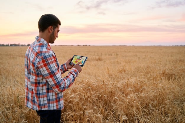 A farmer using a tablet to monitor crop health data in a field, showcasing the technologies involved in precision agriculture. The image should illustrate the use of data-driven insights to optimize farming practices and promote sustainability.