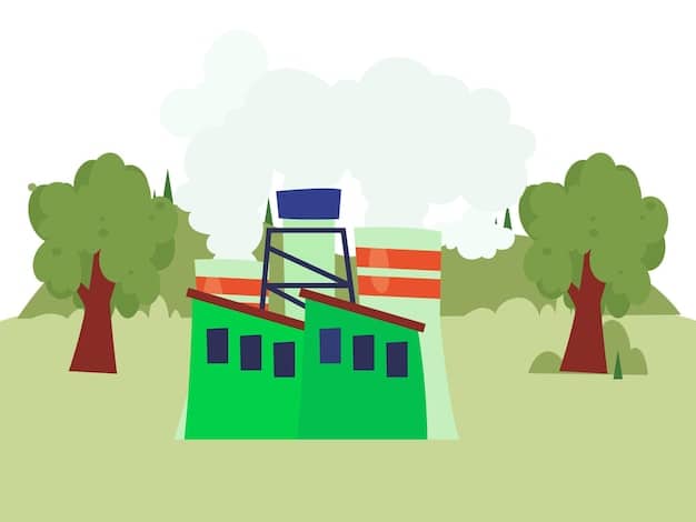 A detailed illustration of a carbon capture facility, showing the process of capturing carbon dioxide from a power plant and then transporting it via pipelines to an underground storage site. The illustration includes labels and annotations for clarity.