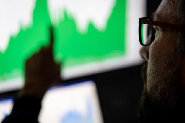 A close-up of a financial analyst working on a computer screen displaying charts and graphs related to energy company stocks, with green and red arrows indicating upward and downward trends.