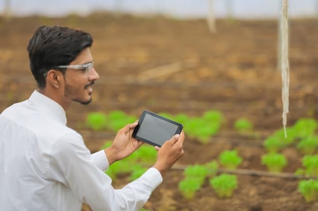 A farmer using a tablet to monitor crop health and soil conditions in a precision agriculture system. The image illustrates the use of technology and data analytics in modern farming practices.
